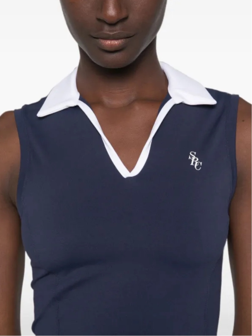 Sporty & Rich Navy Sleeveless Tank with White Contrast Collar
